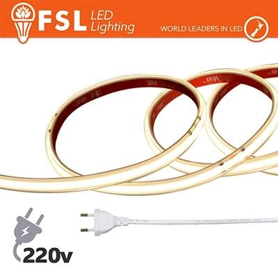 Striscia LED COB 5metri - IP65 4000K 220V 15W/m 1300lm/m+KIT tappo, colla, clip