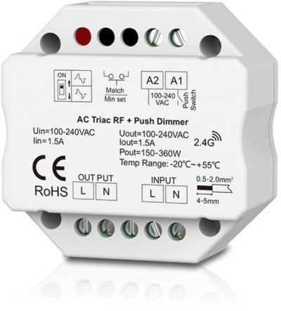 Dimmer LED 1 Canale RF 2.4G + Push 230V – Taglio di Fase Leading/Trailing
