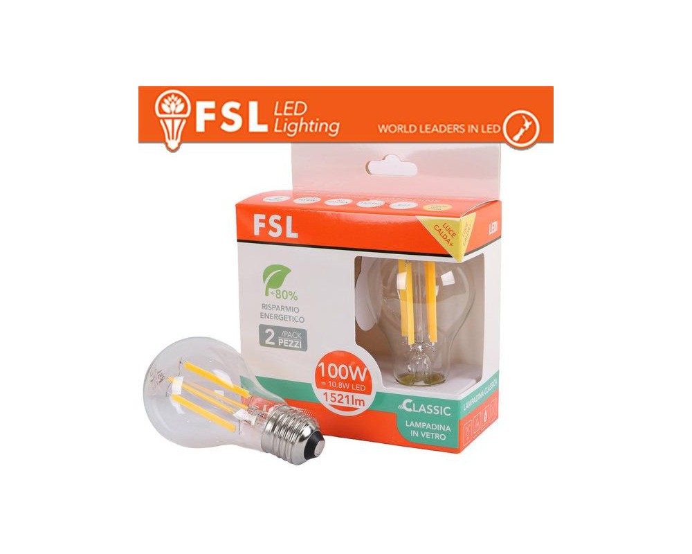Lampada Filamento Sfera A60FC 10.8W 3000K E27 - Confezione 2PACK