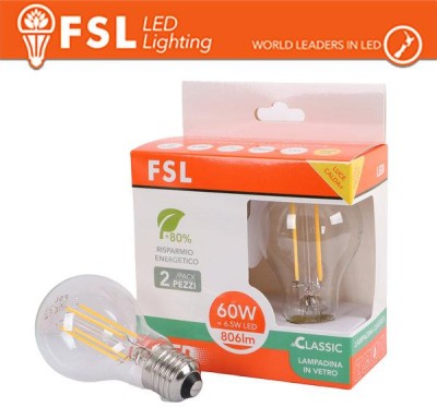 Lampada Filamento Sfera A60FC 6.5W 3000K E27 - Confezione 2PACK