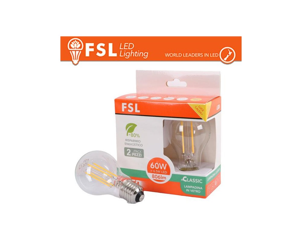 Lampada Filamento Sfera A60FC 6.5W 3000K E27 - Confezione 2PACK