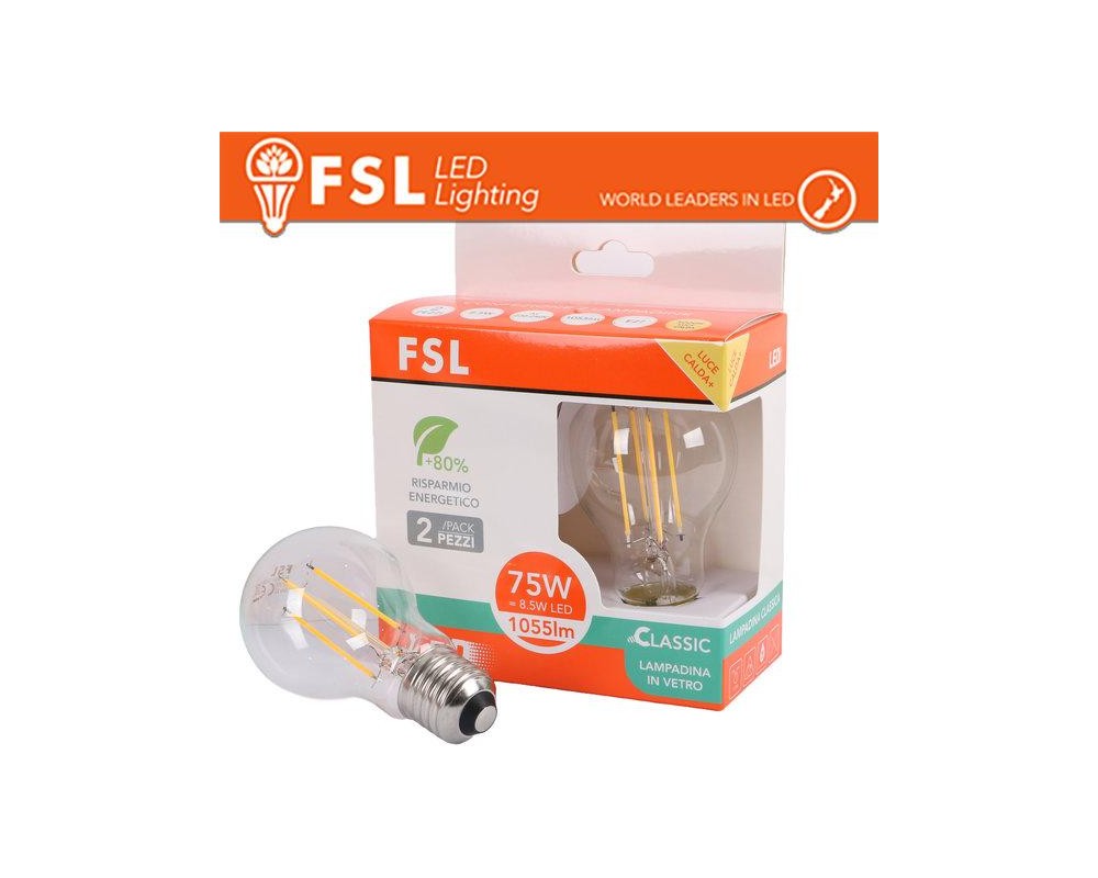 Lampada Filamento Sfera A60FC 8.5W 3000K E27 - Confezione 2PACK