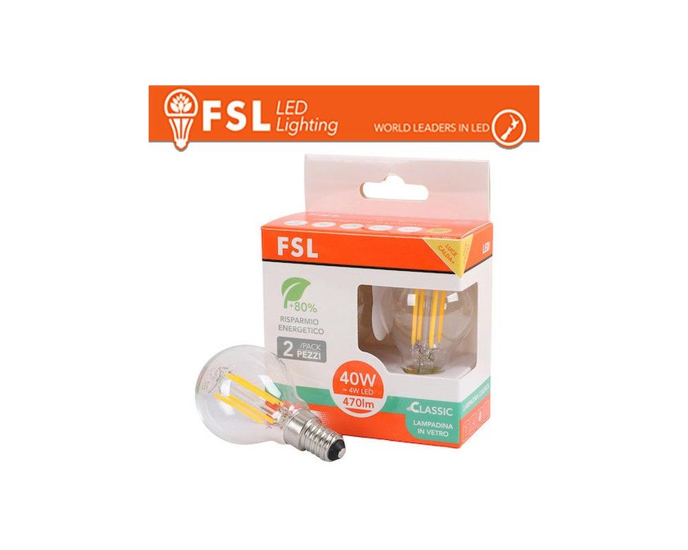 Lampada Filamento Sfera G45FC 4W 3000K E14 - Confezione 2PACK