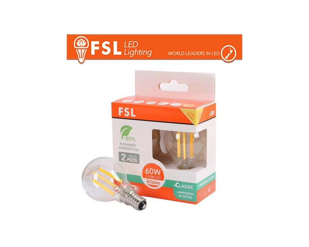 Lampada Filamento Sfera G45FC 6.5W 3000K E14 - Confezione 2PACK